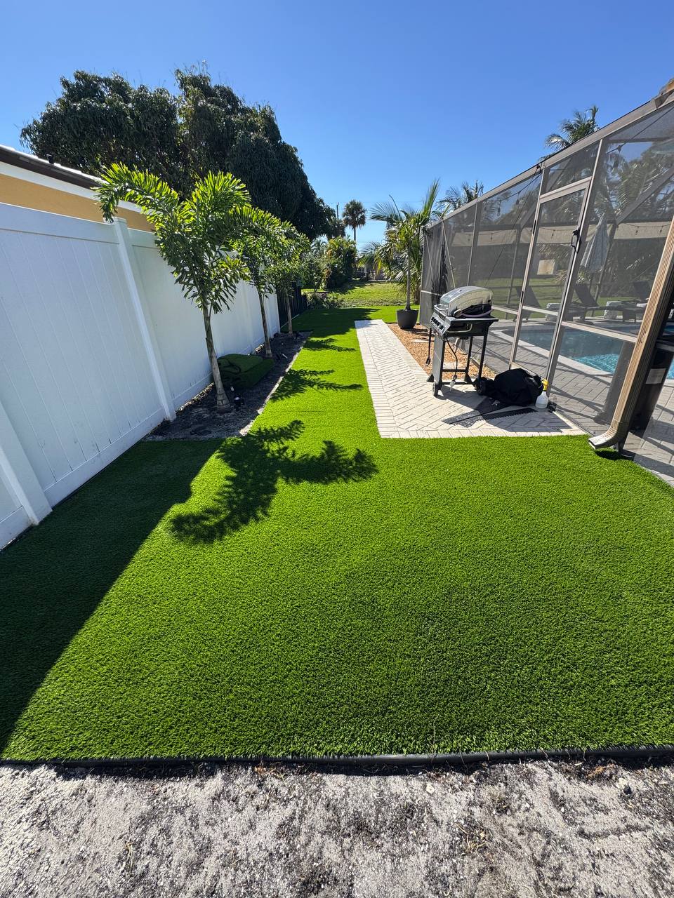 Happy dog playing on clean, green pet-friendly artificial turf